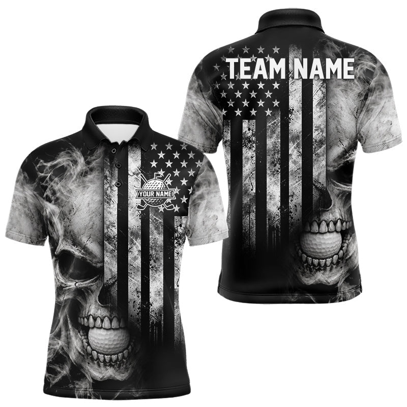 Maxcorners Skull Golf Polo Shirt For Men Personalized US Flag Golf Jersey Patriotic Smoke Skull Golf Apparel