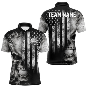Maxcorners Skull Golf Polo Shirt For Men Personalized US Flag Golf Jersey Patriotic Smoke Skull Golf Apparel