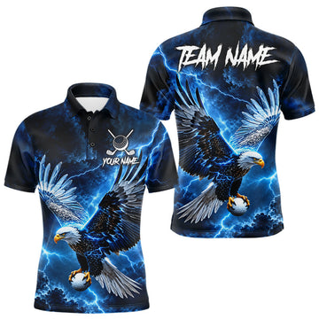 Maxcorners Blue Lightning Flying Eagle Golf Shirt For Men Custom Team Golf Polo Thunder Golf Apparel