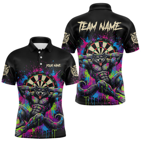 Maxcorners Colorful Splatter Funny Wolf Dartboard Custom Darts Polo Shirt For Men Dart Team Gifts TU1911
