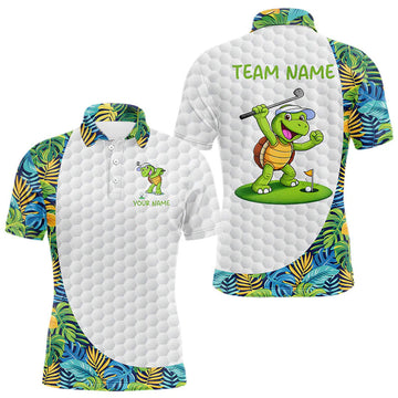 Maxcorners Golfing Turtle Mens Golf Polo Shirt Custom Tropical Pattern Monstera Golf Team Shirts LM1903
