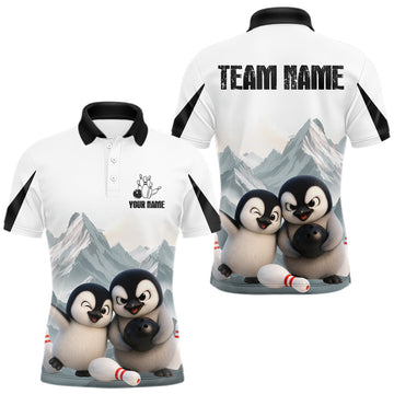 Maxcorners Funny Penguin Duo Men's Bowling Shirt Custom Name Penguin Bowling Team Attire Jersey