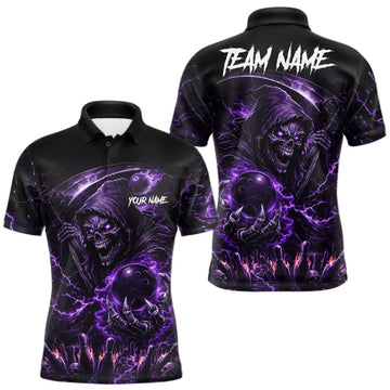 Maxcorners Flame Grim Reaper Bowling Shirt For Men Custom Purple Lightning Skull Bowling Team Jersey Bowler Gift LM2709