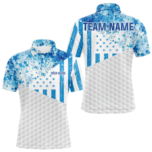 Maxcorners White And Blue American Flag Golf Polos Shirts For Men Custom Patriotic Mens Golf Attire LM1903