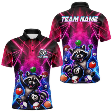 Maxcorners Funny Raccoon 8 Ball Pool Pink & Blue Smokes Mens Polo Shirts Custom Billiard Apparel, Billiard Gifts