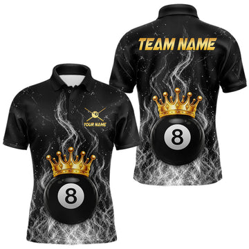 Maxcorners Personalized Gold Crown 8 Ball Mens Billiard Pool Shirts Custom Fire Flame Billiard Jersey | White LM2405