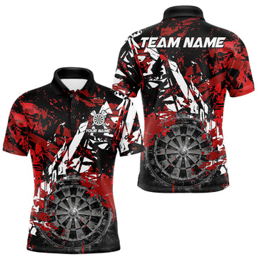 Maxcorners Mens Black, White & Red Grunge Darts Polo Quarter-Zip Shirt Custom Smoke Dartboard Dart Team Jerseys LM2306