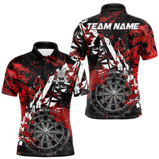 Maxcorners Mens Black, White & Red Grunge Darts Polo Quarter-Zip Shirt Custom Smoke Dartboard Dart Team Jerseys LM2306