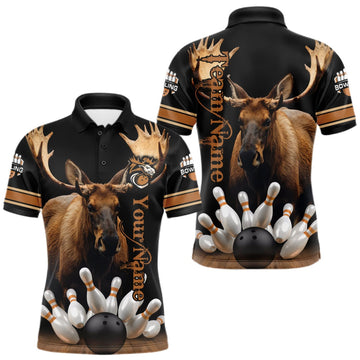 Maxcorners Moose Bowling Polo Quarter-Zip Shirts For Men Custom Bowling League Shirt Bowling Team Jerseys LM0409