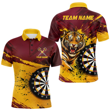 Maxcorners Tiger Splatter Darts Polo 1/4 Zip Shirt For Men Custom Maroon & Yellow Darts Jersey Darts Team Gift
