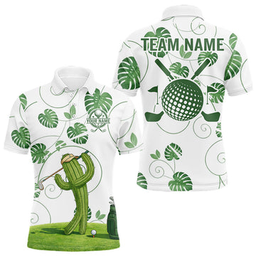 Maxcorners Mens Green Monstera Pattern Golf Clothing Custom Cactus Golfer Funny Mens Golf Polo Shirt LM2603