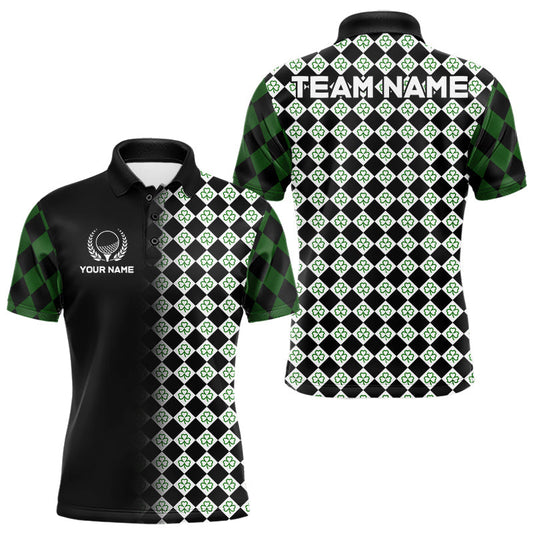 Maxcorners Custom Black & Green Argyle Pattern Shamrock Golf Polo Shirt For Men St Patrick Golf Team Shirt