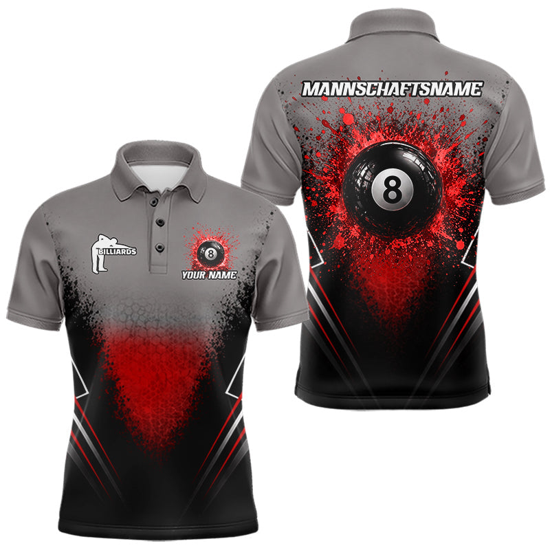 Maxcorners Personalized Grey And Red Splatter 8 Ball Pool Billiard Shirt For Men Custom Billiard Team Jersey
