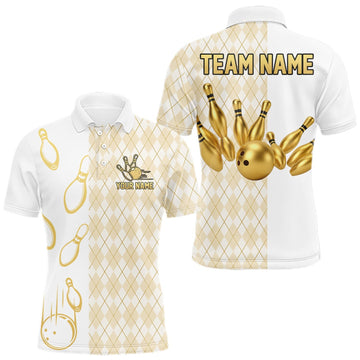 Maxcorners Gold And White Argyle Pattern Bowling Polo 1/4 Zip Shirt For Men Custom Retro Bowling Team Jersey LM0409