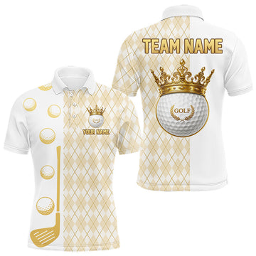 Maxcorners Crown Golf Ball Mens Golf Polo Shirts Custom White And Gold Argyle Pattern Golf Team Attire