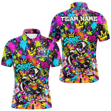 Maxcorners Funny Bowling Polo 1/4-Zip Shirt For Men Personalized Hip Hop Skunk Graffiti Bowling Team League LM2709