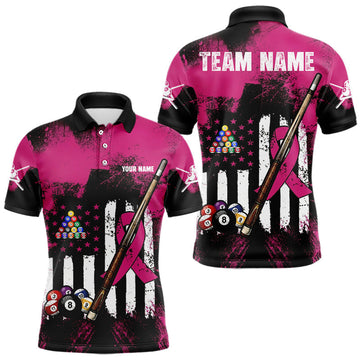 Maxcorners Pink Ribbon Grunge US Flag Patriotic Men Billiard Shirts Custom Breast Cancer Billiard Jerseys LM2603