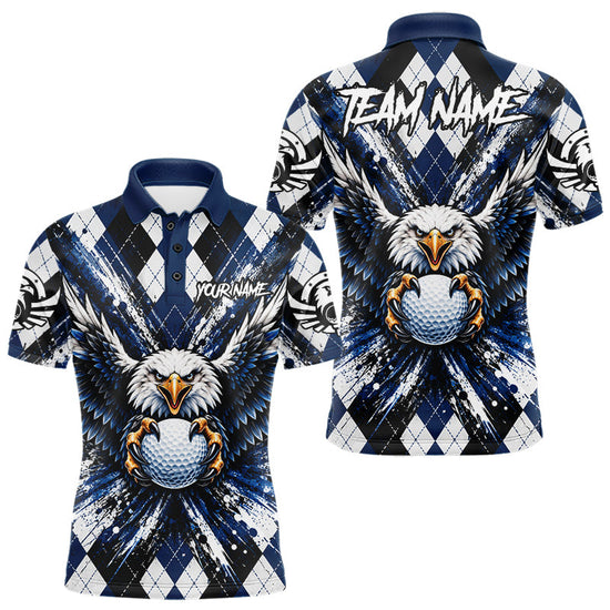 Maxcorners Navy Blue Argyle Eagle Golf Polo Shirt For Men Custom Grunge Argyle Golf Team Tournament Apparel
