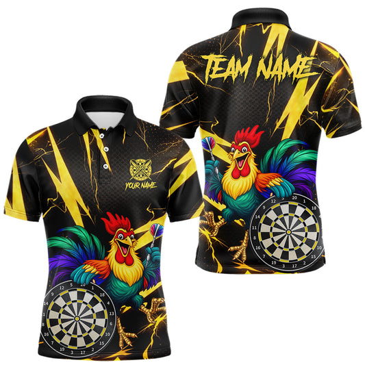 Maxcorners Funny Colorful Rooster Plays Darts Polo & Quarter Zip Shirt Custom Thunder Yellow Men Darts Jersey LM2603