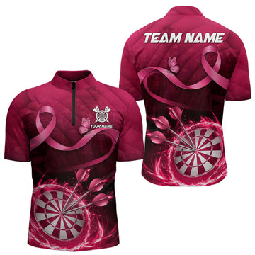 Maxcorners Pink Ribbon Thunder Lightning Men Dart Polo & Quarter Zip Shirt Custom Breast Cancer Darts Jersey LM2603