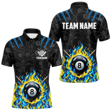Maxcorners Custom Fire Flame 8 Ball Pool Billiard Shirt For Men, Yellow & Blue Flames Billiard Team Shirts LM0409