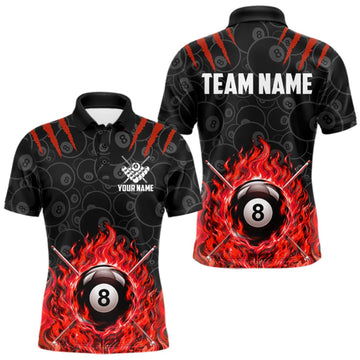 Maxcorners Custom Fire Flame 8 Ball Pool Billiard Shirt For Men, Red Flames Billiard Team Shirts LM0409