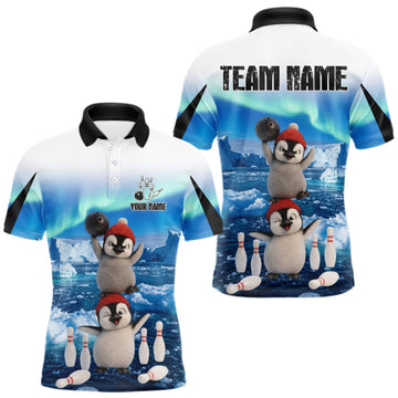 Maxcorners Funny Penguin Duo Men's Bowling Shirt Custom Name Iceberg Bowling Polo & Quarter-Zip Jersey|Blue LM0409