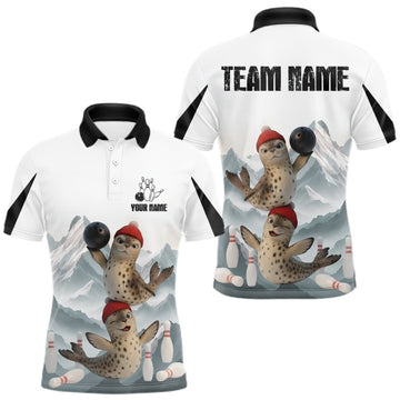 Maxcorners Funny Leopard Seal Duo Men's Bowling Shirt Custom Name Iceberg Bowling Polo & Quarter-Zip Jersey LM0409