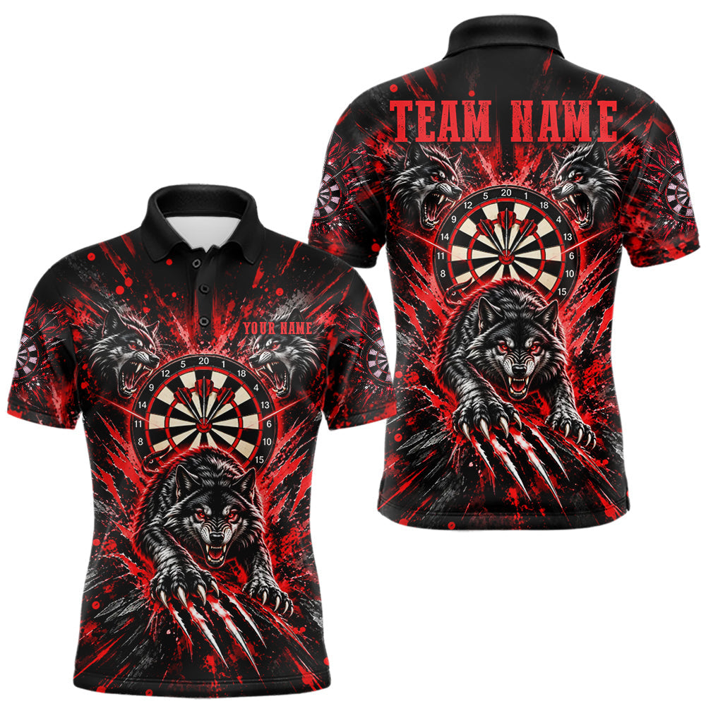 Maxcorners Personalized Horror Wolf Darts Polo 1/4-Zip Shirt For Men Custom Red Splatter Darts Team Jersey