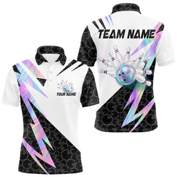 Maxcorners Holographic Bowling Polo Quarter Zip Shirt For Men Custom Glossy Lightning Team Bowling Jerseys LM0409