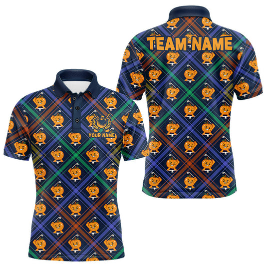 Maxcorners Custom Plaid Caro Pumpkin Pattern Halloween Golf Polo Shirt for Men