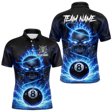 Maxcorners Blue Crown Skull Holding Thunder Pool 8 Ball Billiard Shirt For Men Custom Billiard Team Attire LM2901