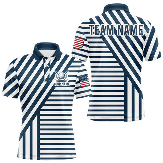 Maxcorners White And Blue Pinstripe Men Golf Polo Shirt Personalized Patriotic Golf Team Outfits LM0106