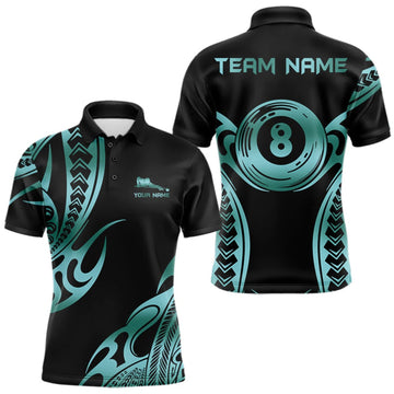 Maxcorners Personalized Black & Teal Tribal Pattern 8 Ball Pool Billiard Shirts For Men Billiard Attire Gifts LM0409