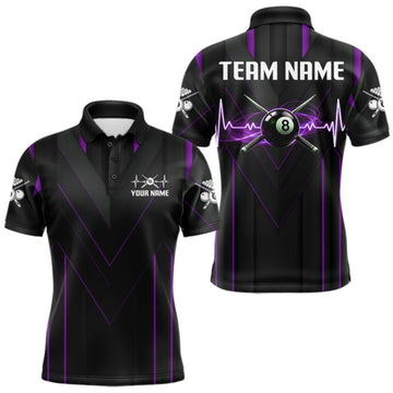Maxcorners Mens Beat Heart Pool Billiard Polo & 1/4-Zip Shirt Custom Light 8 Ball Billiard Team Apparel | Purple LM0409