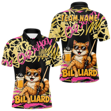 Maxcorners Custom Name Billiard Shirt For Men Retro Graffiti Cat & Beer 8 Ball Pool Jersey, Funny Billiard Gifts LM0409