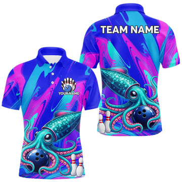 Maxcorners Custom Funny Octopus Bowling Polo 1/4-Zip Shirt For Men Pink Blue Bowling Tournament Jersey LM0410