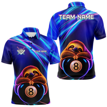 Maxcorners Blue Neon Light Funny Sloth 8 Ball Billiard Shirts For Men Custom Pool Billiard Polo Quarter-Zip Jersey