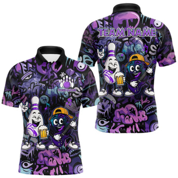 Maxcorners Custom Purple Graffiti Funny Bowling Polo Quarter Zip Shirts For Men Team Drunk Beer Bowling Jersey LM0409
