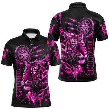 Maxcorners Pink Neon Tiger Lightning Dartboard Men Dart Polo Shirts Custom Name & Team Dart Jerseys