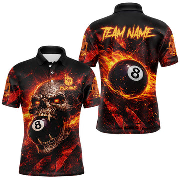 Maxcorners Cracked Soil Skull Red Flames Pool 8 Ball Men Billiard Polo & 1/4-Zip Shirt Custom Billiard Attire