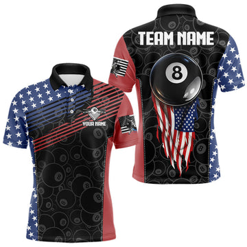 Maxcorners US Flag Pool 8 Ball Men's Billiard Polo & 1/4 Zip Shirt Custom Patriotic Billiard Attire LM0101