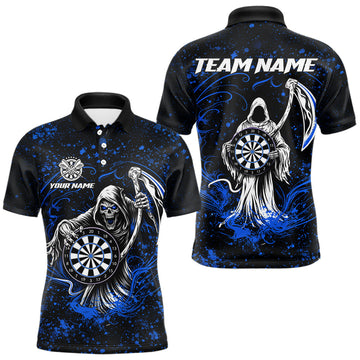 Maxcorners Black & Blue Splatter Grim Reaper Hold Dartboard Dart Shirts For Men Custom Dart Team Shirts