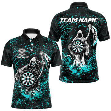 Maxcorners Black & Teal Splatter Grim Reaper Hold Dartboard Dart Shirts For Men Custom Dart Team Shirts