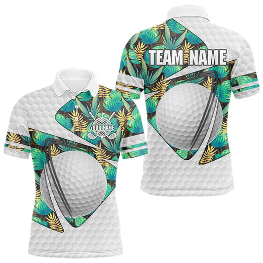 Maxcorners Custom Name Green Tropical Pattern Golf Mens Polo Shirt, Best White Ball Golf Clothing For Mens LM0404