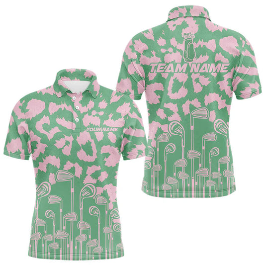 Maxcorners Mens Leopard Pattern Golf Polo Shirts Custom Green Pink Golf Clubs Pattern Attire, Golf Upf Shirts LM0404