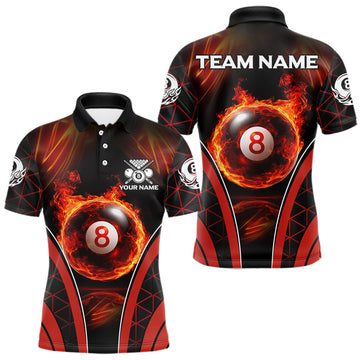 Maxcorners Red Flames Pool 8 Ball Men Billiard Polo & 1/4-Zip Shirts Custom Billiard Team Shirt Designs LM0901