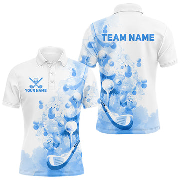 Maxcorners Blue Splatter Golf Ball & Clubs Team Apparel Mens Polo Shirts Custom Golf Shirt For Men