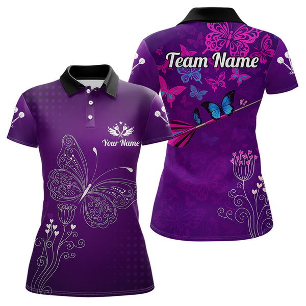Maxcorners Purple Butterflies Dart Arrow Women's Darts Shirt - Custom Name For Darts Jersey MT1706