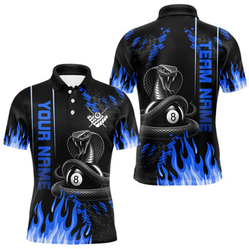 Maxcorners Blue Fire Flame Cobra 8 Ball Pool Shirt For Men Custom Billiard League Team Polo & 1/4 Zip Jersey